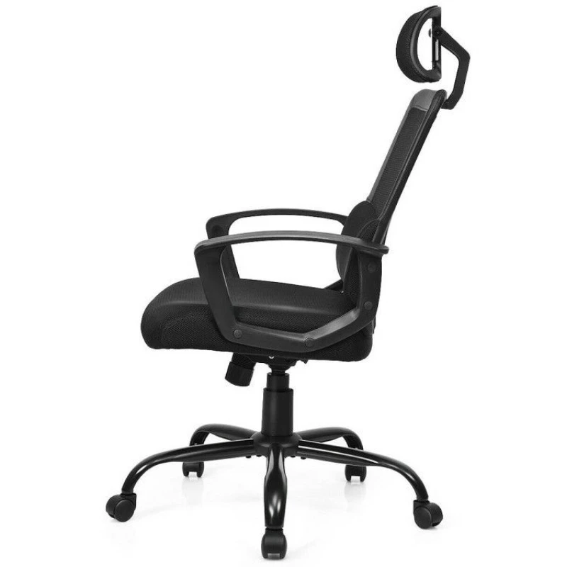 

High-back mesh office chair with adjustable armrests and headrests for rotation