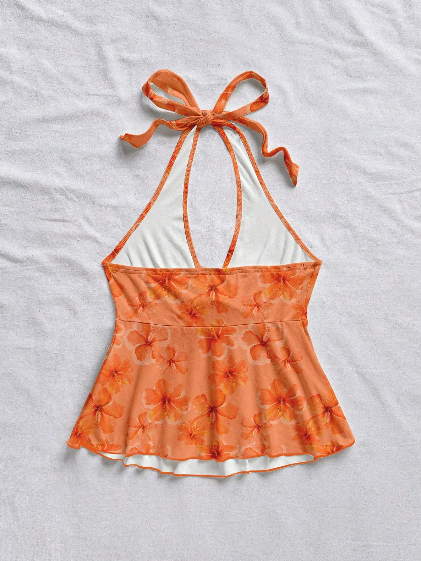 Hibiscus Flower Halter Neck Top for Women, Vacation Style, Waist-Cinching, Ruffled Short Top