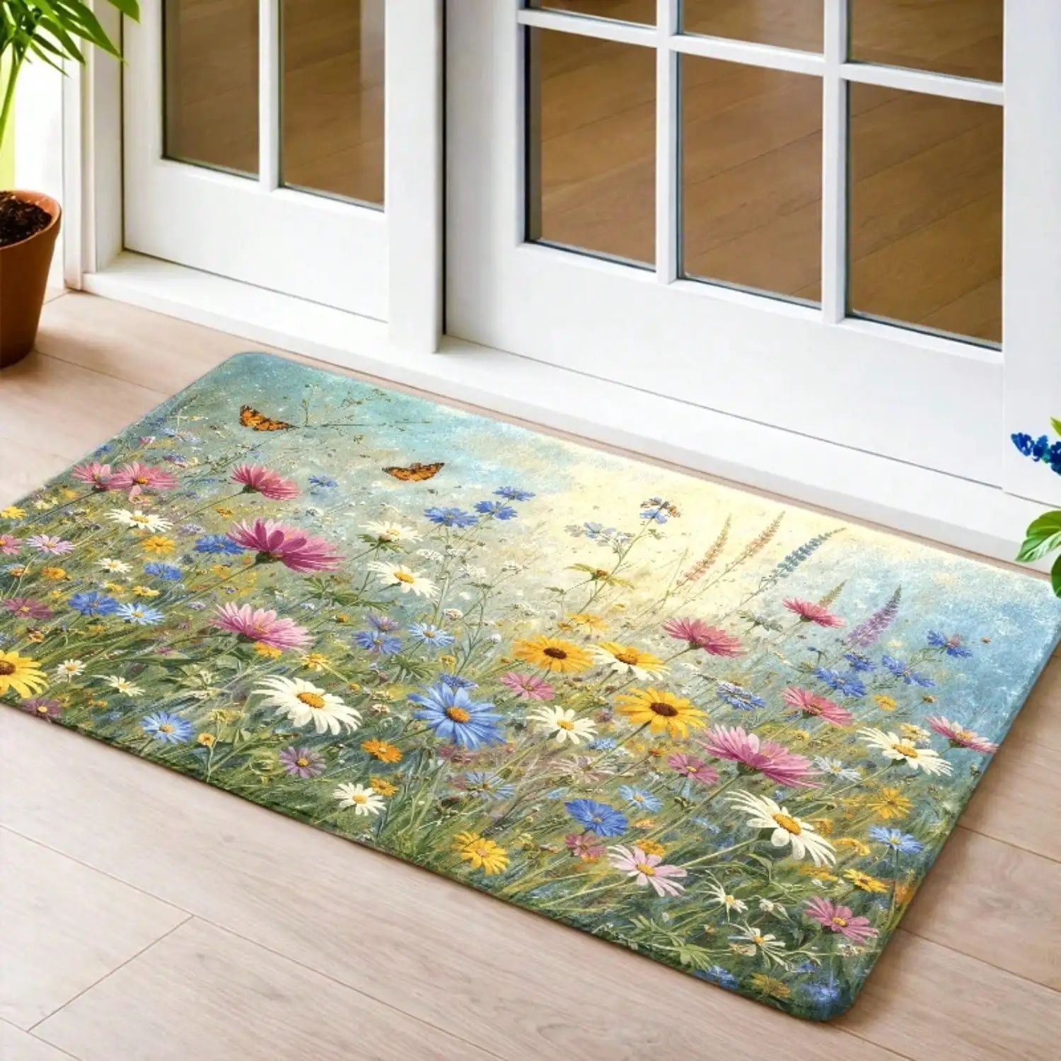 1pc, Floral Doormats With Butterfly Wildflowers, Flannel Material, Durable, Machine-Washable, Suitable For Indoor Outdoor, Entryway, Bath, Kitchen, Bedroom