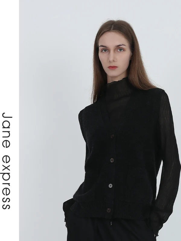 

Jane Expr Winter 2024 Knitted Vest Women's Loose Fit Long Sve V-Ne Button-Up Pure Color Faion Commute Sle