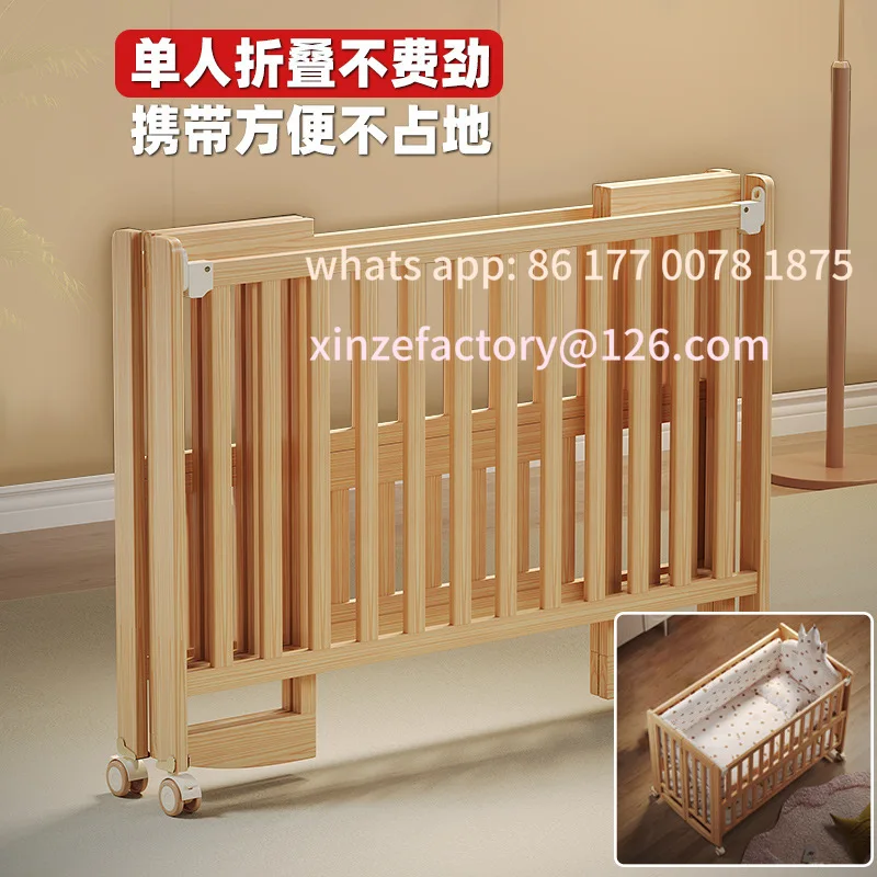 Customizable crib Foldable solid wood unpainted removable crib Multifunctional newborn splicing bed