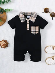 Summer Newborn Infant Baby 0-1 Years Old Boys Lapel Grid Splicing Short Sleeve Onepiece Rompers