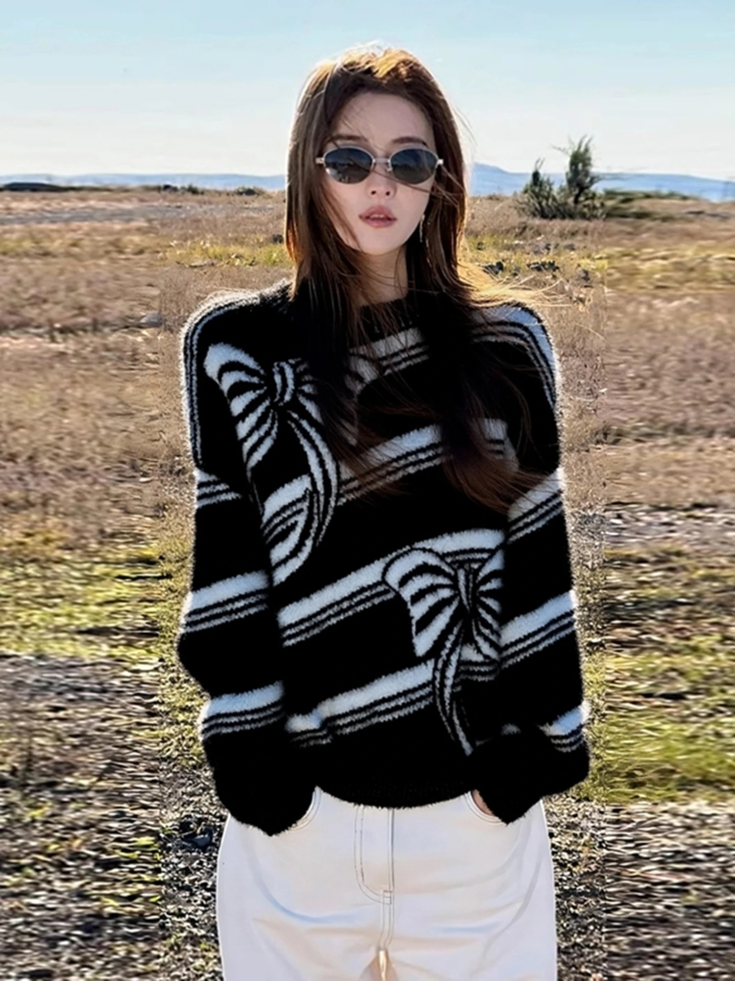 

Autumn Winter New Knitted Sweater Soft Lazy Sle Faux Mink Velvet Women High End Feeling Bla White Color Blo Sweater
