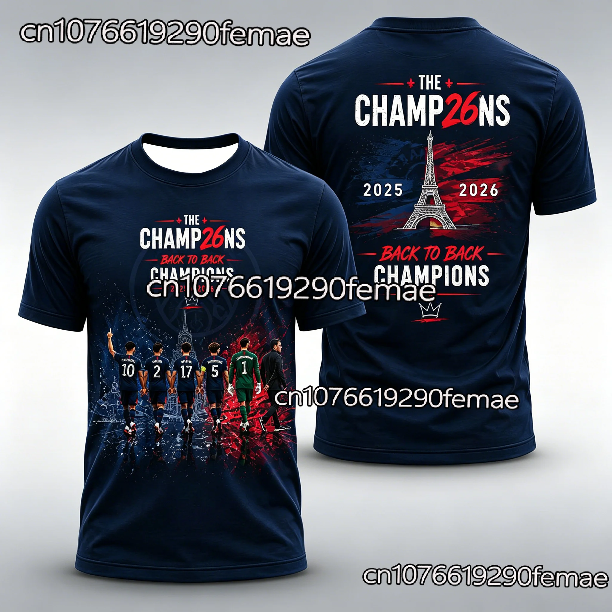 Camiseta de Verano para Hombre de la Serie Campeones de París 2026, Manga Corta, Estilo BACK2BACK de Fútbol Europeo, Conmemorativa de Campeones