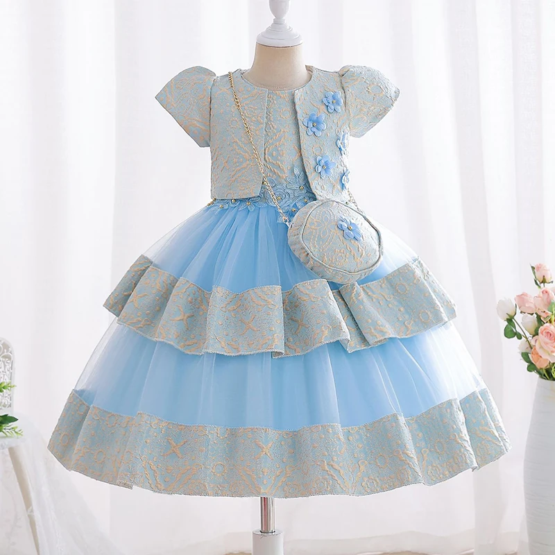 New 3-10 Year Old Children\'s Coat Embroidered Girl Princess Dress Tulle Cake Dress Girl Birthday Party Evening Dress+Bag