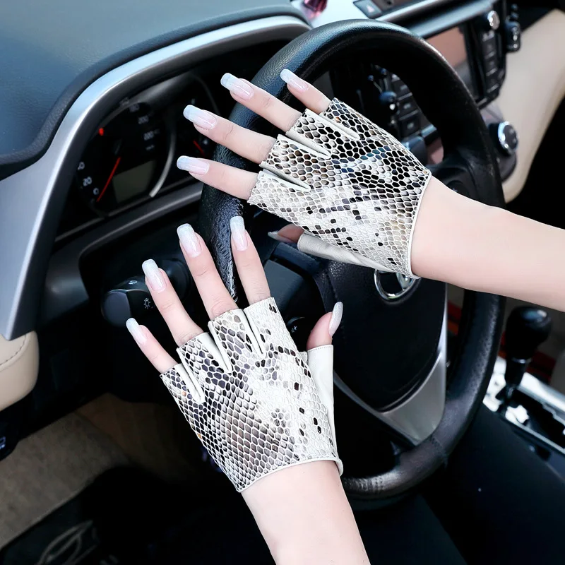 

Women's Half Palm Snake Skin Genuine Leather Half Finger Gloves Lady's Natural Leather Riding Motorcycle Driving Glove R1495