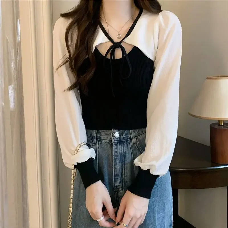 

Nice Femme Spring Korean Fashion Drawstring Color Blocking O-neck Women Clothing Fashionable Temperament Drawstring Long Sleeve