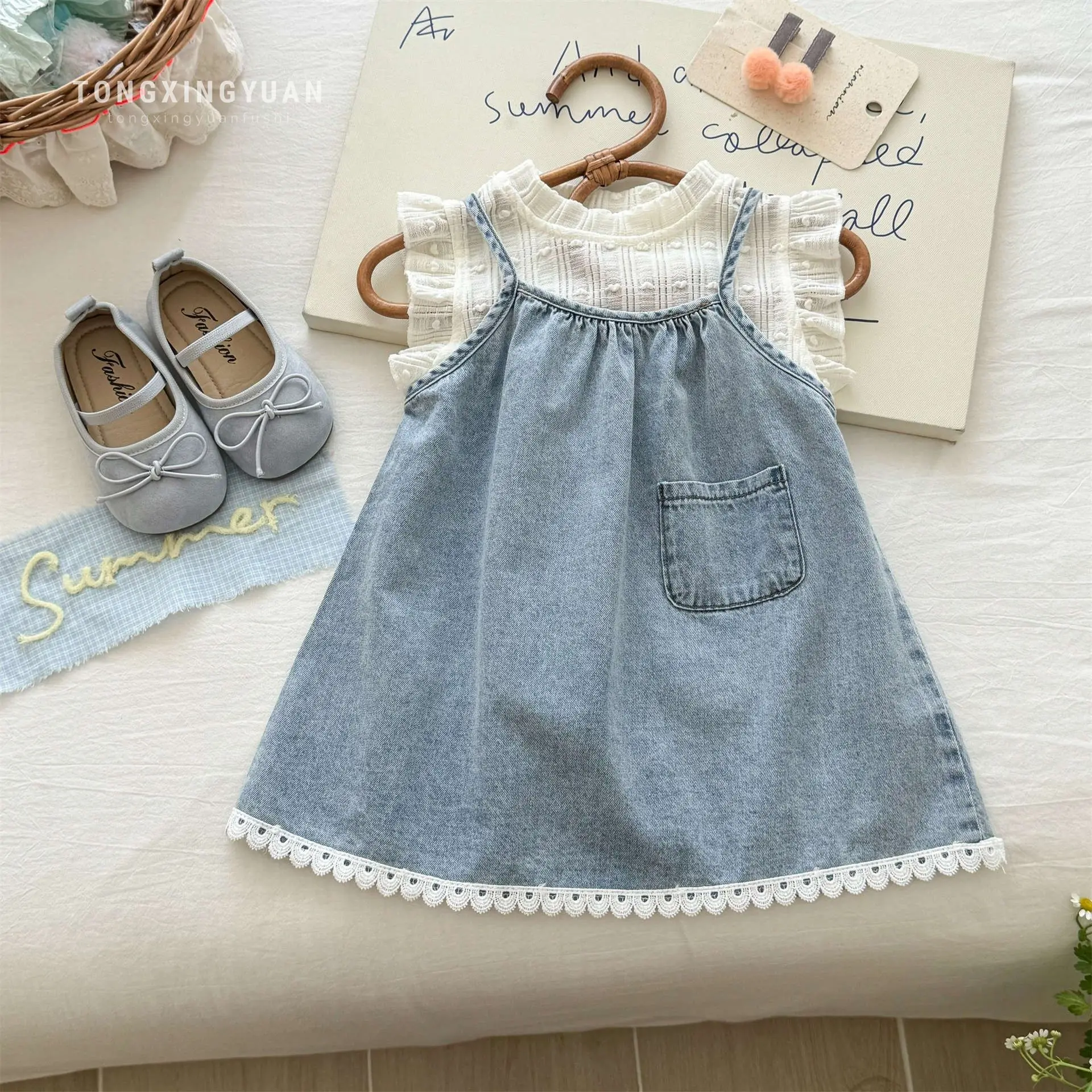 Girl Baby Denim Overalls Set Sweet O-neck Embroidered Heart T-Shirt Soft Cowboy Dresses Outfit 2026 Summer Kids Clothes