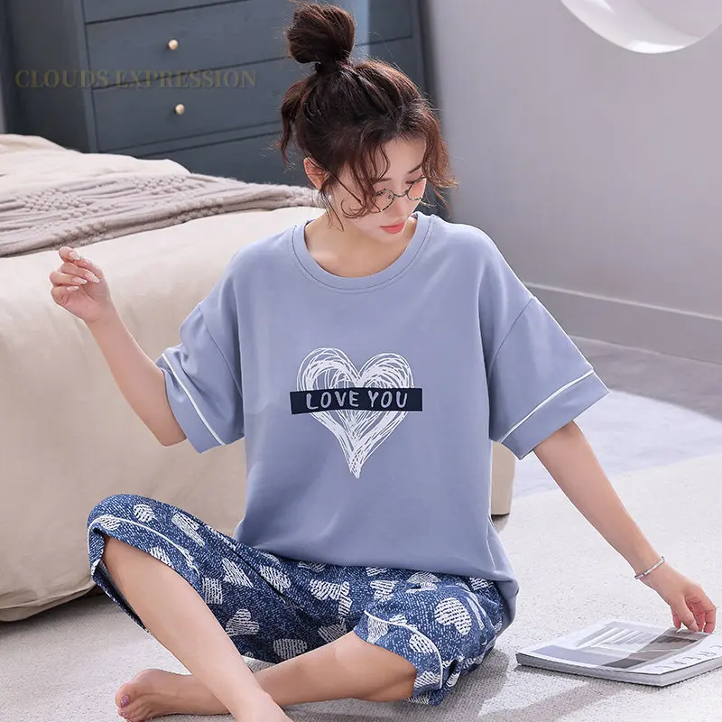 Summer Knitted Cotton Cartoon Pajamas Sets Women Pyjamas Sleepwear Nightwear Pijama Mujer Plus Size Calf-Length Pants Homewear