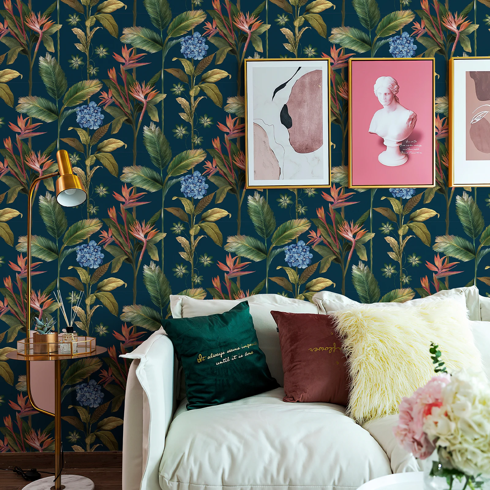 Tropical Jungle Birds and Flowers Blue Wallpaper Self Adhesive Waterproof Vinyl Wallpaper Easy Apply Removable for Office Decor