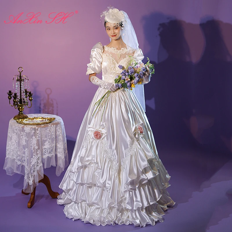 AnXin SH classic princess white satin flower lace handmade o neck big bow beading beads puff sleeve customized wedding dress