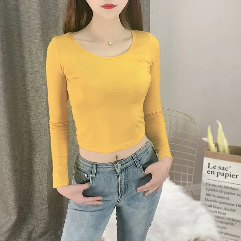 

Long-sleeved T-shirt for Women with Slim Base Shirt Exposed Navel Top Tight Short Navel Reveal Women's Cotton Versatile