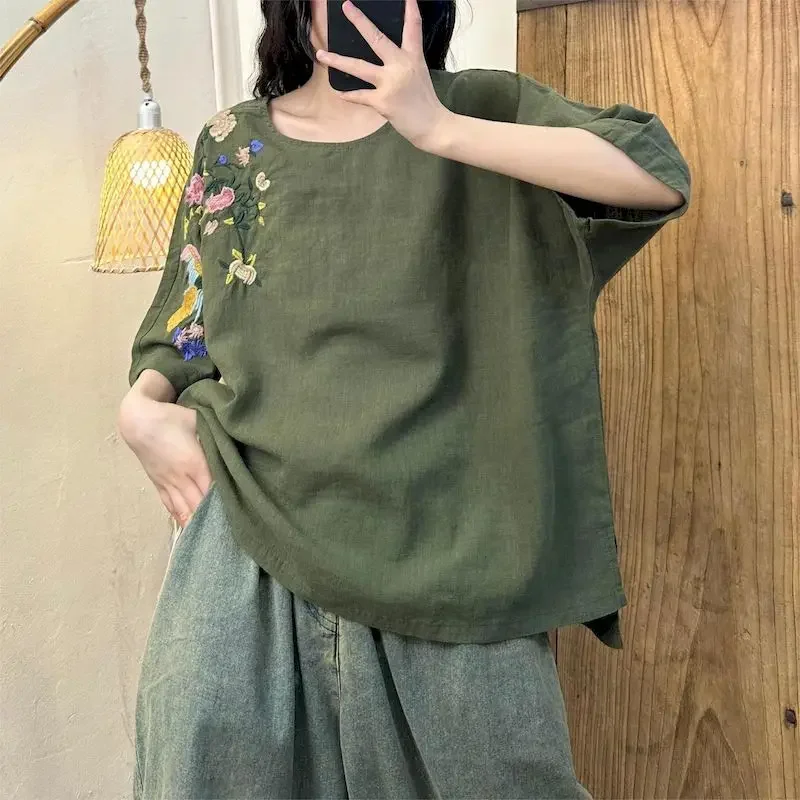 القطن الكتان تي شيرت المرأة خمر الأزهار التطريز رقيقة تي شيرت عادية فضفاض قصيرة الأكمام بلايز 2025 جديد في الصيف العصرية المحملة #3