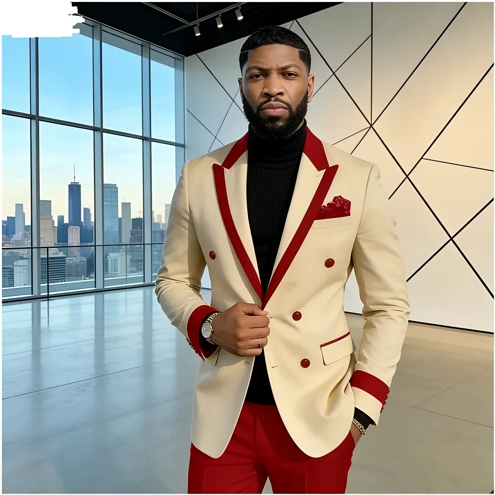 Men's Double-breasted Tailored Tuxedo Personalized Peak Lapel Slim Fit Groomsmen Smoking Suit Casual Outfit Set