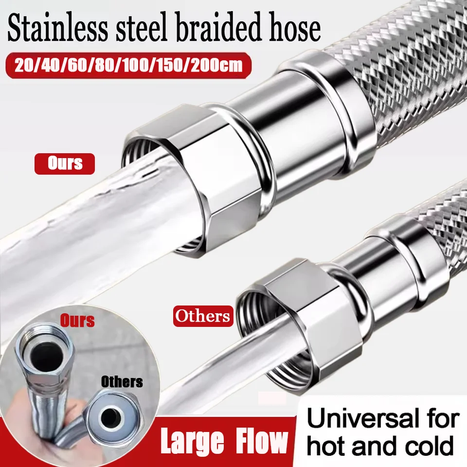 20/40/60/80/100/150/200cm 10mm Inner Tube Enlarged Pipe 304 Stainless Steel Woven Tube Metal Cold Hot Water Explosion-proof Hose