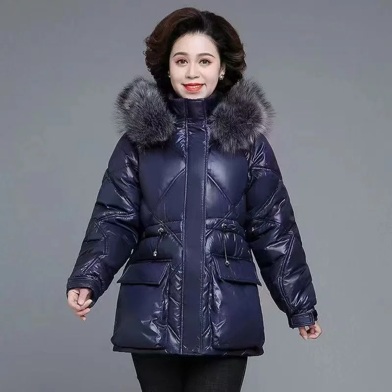 The Middle-aged And Elderly Women's Jacket With Big Fur Collar Down Cotton-padded Jacket Short Glossy Winter Coat Thickened Coat