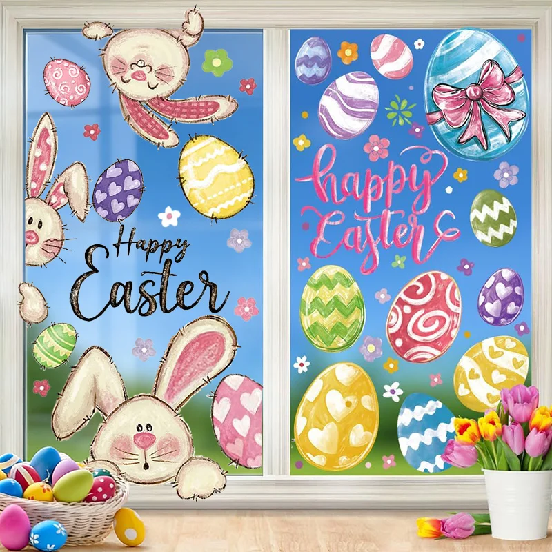 6 أوراق نافذة عيد الفصح السعيدة ملصقات ثابتة على شكل بيضة الأرنب ملصق ذاتي اللصق شارات حفلات عيد الفصح ديكور المنزل ﻿