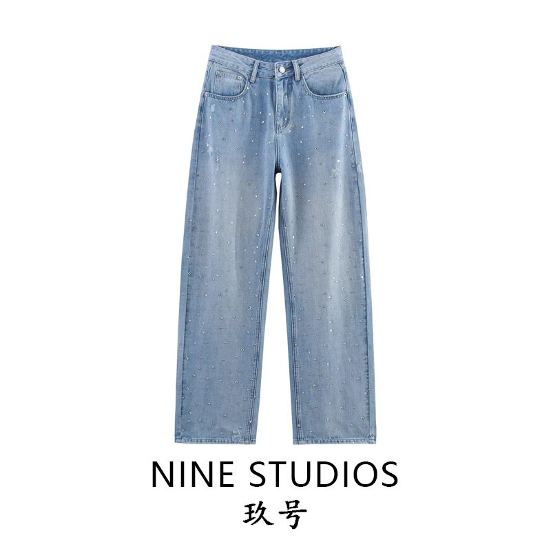 

Модные прямые джинсы с высокой талией и дугообразным вырезом, украшенные бриллиантами, женские повседневные хлопковые длинные брюки, женская одежда Nine Zar