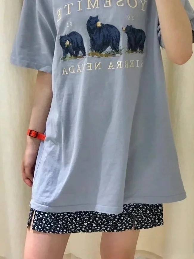 Summer New Arrival Women's Loose Fit ort Sve T-irt Embroidered Pure Cotton Casual Versatile round Ne Top