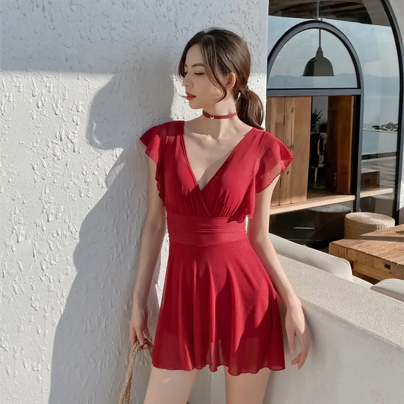 New Trend Solid Color Sexy Ruffled Skirt Swimwear Female Thin Cover Belly One-piece Conservative Hot Springs Vacation Swimsuit