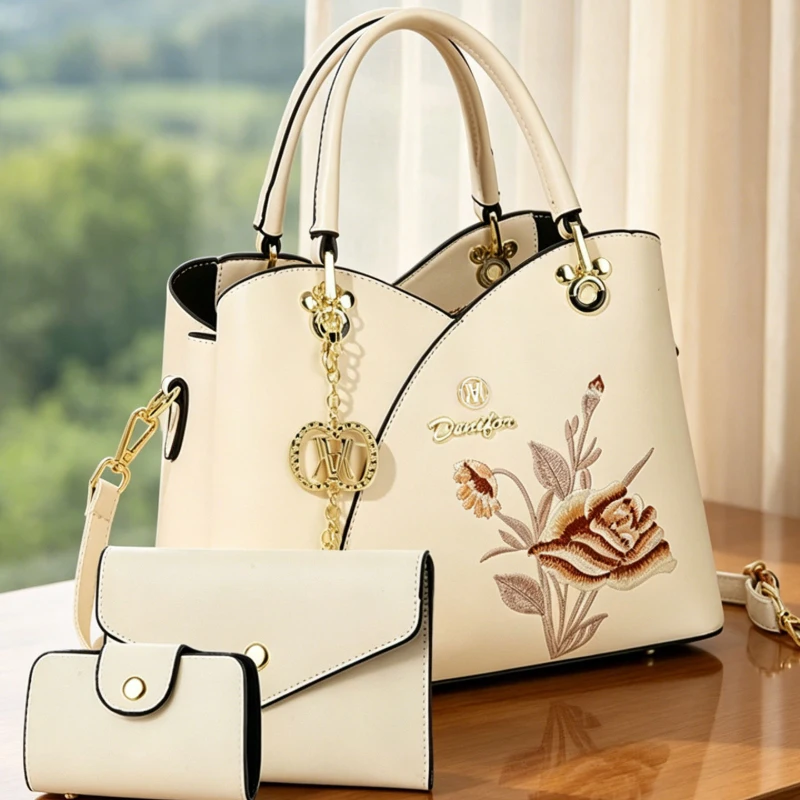 3-piece Women's Suit Bag Set, Light Luxury Embroidered Large-Capacity Tote Bag, Color-Block Handbag Exquisitely Decorated