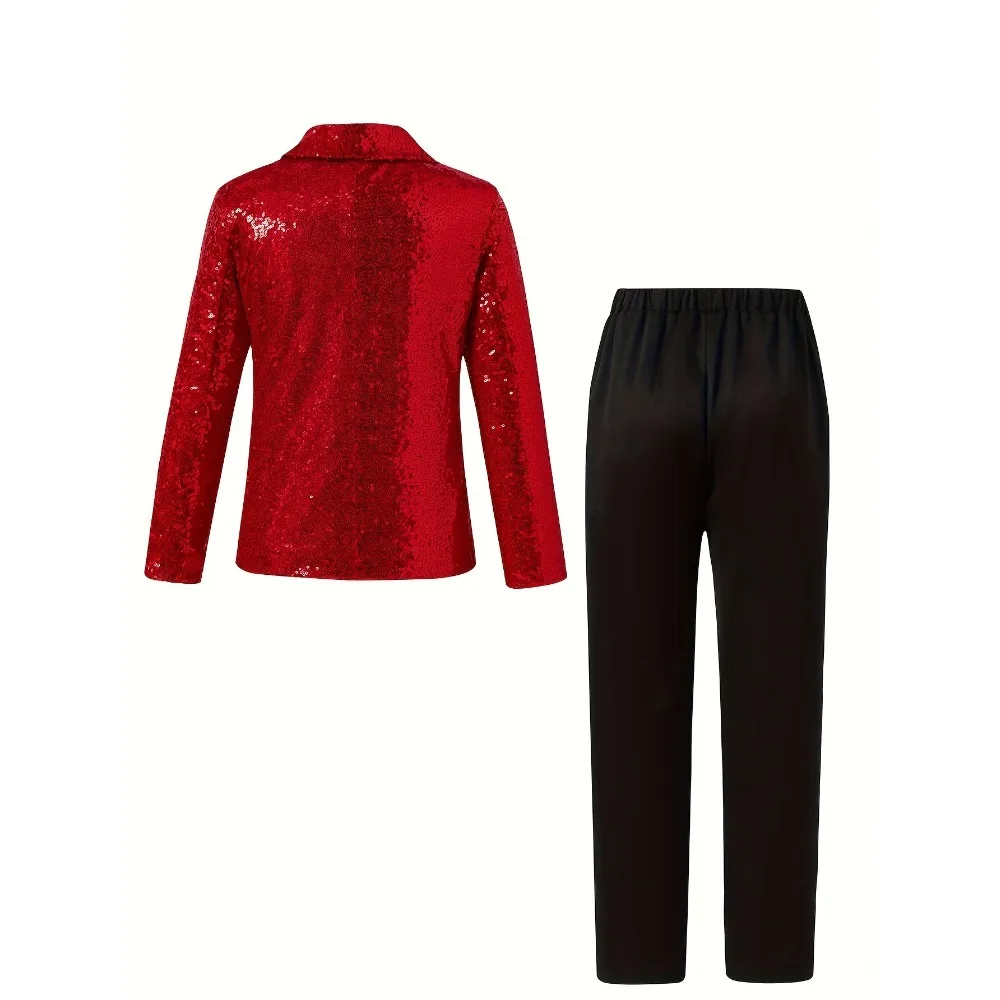 طقم بدلة رسمية للأولاد من توين بوي مكون من 4 قطع: بدلة طية صدر السترة باللون الأحمر والترتر الأسود + ربطة عنق حمراء + قميص أبيض + بنطلون أسود. لا