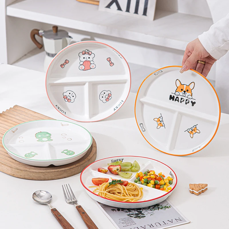 Ceramic Grid Plate Cartoon Fat Reducing Meal Three Grid Plate Student Children Cute Microwave Oven Special Specialty Plates