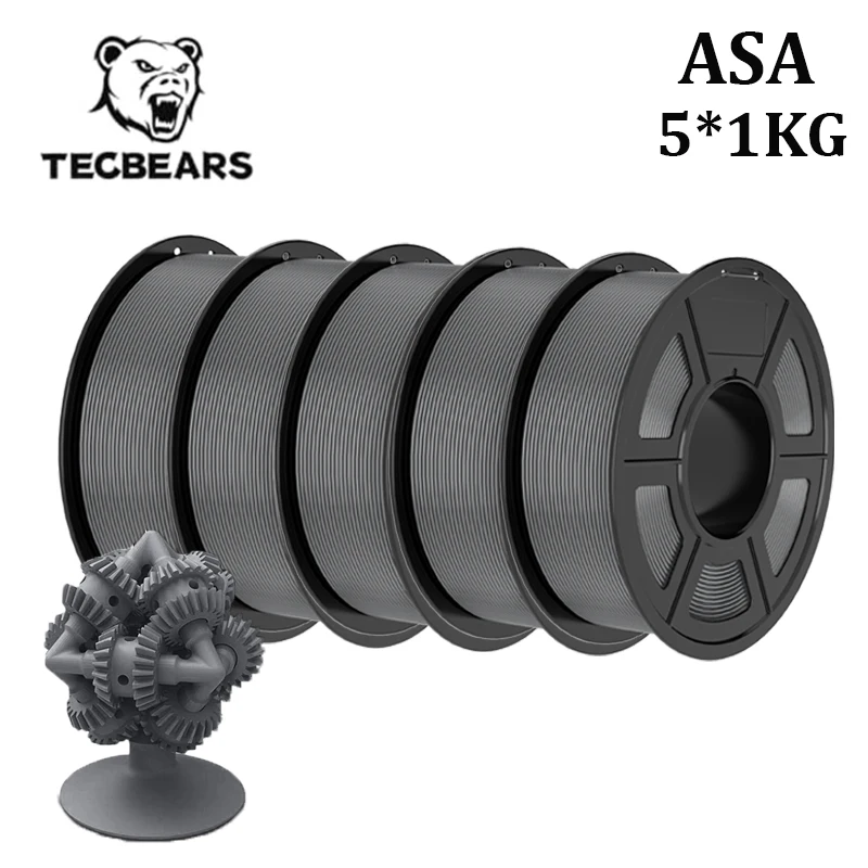 Filament d'imprimante 3D TECBEARS ASA 5KG/5 rouleaux, 1,75 mm, résistant aux UV, à la pluie et à la chaleur, matériau d'impression 3D ASA robuste pour l'extérieur, pour imprimantes 3D