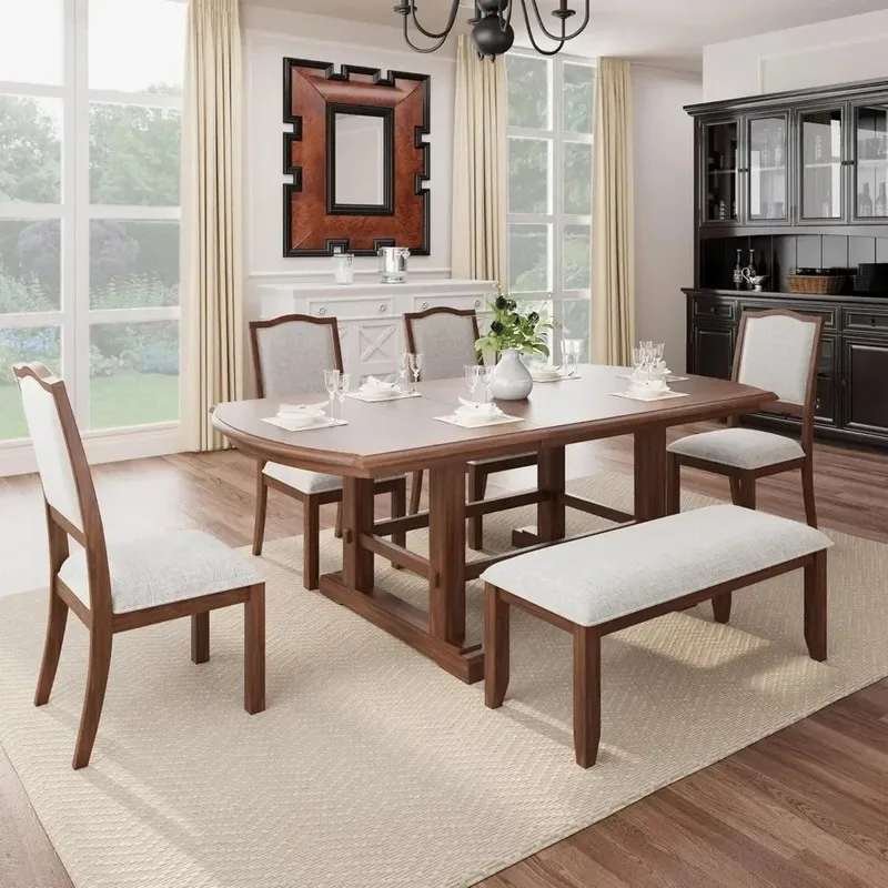 

Extendable Wood Dining Table Set, 6-Piece with 18-inch Removable Leaf, 4 Upholstered Chairs and Bench