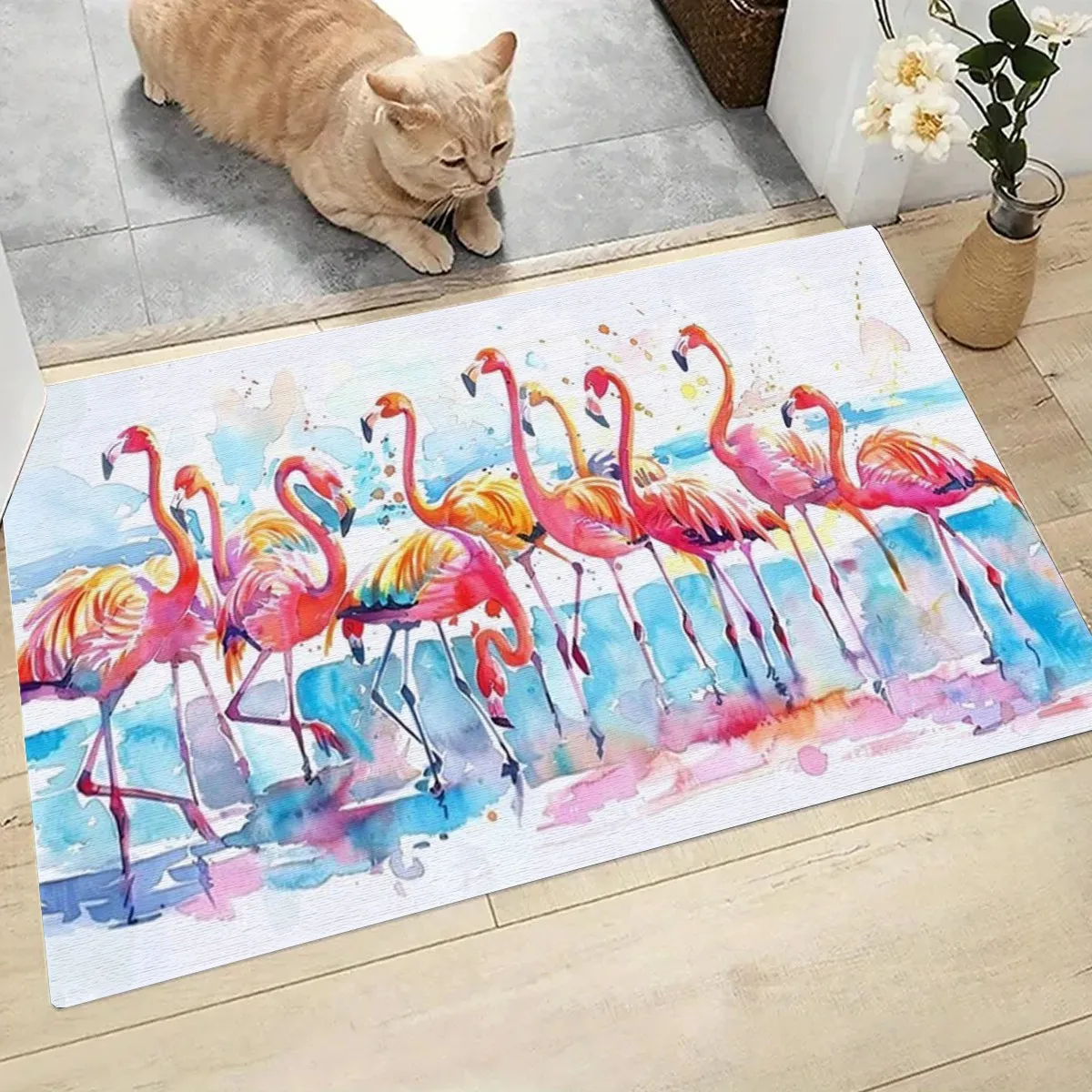 Watercolor Flamingos Anti-Slip Floor Mat: Artistic Design, Adds Beauty, Elegance, and a Splash of Color to Your Home Decor