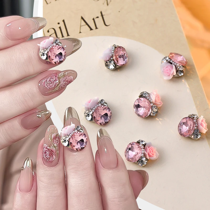 5PCS 3D Nails Accessories Pink Rose Crystal Pearl Pile Drill Handmade Tip Bottom Charms  Manicure