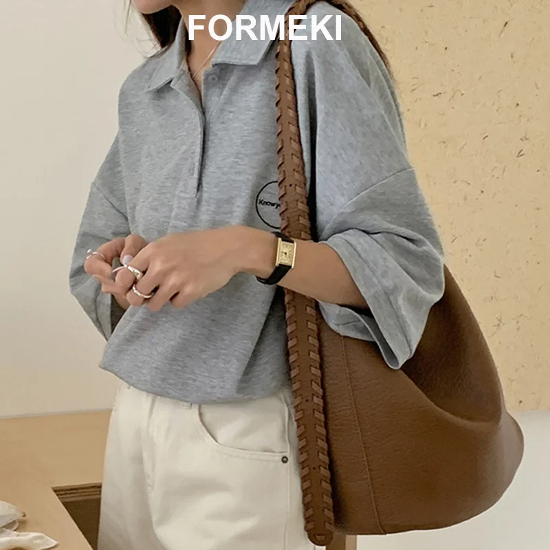 Formeki New Women Tote Bag Large Capacity Ins Fashion Solid Retro Bucket Ladies Female Bag