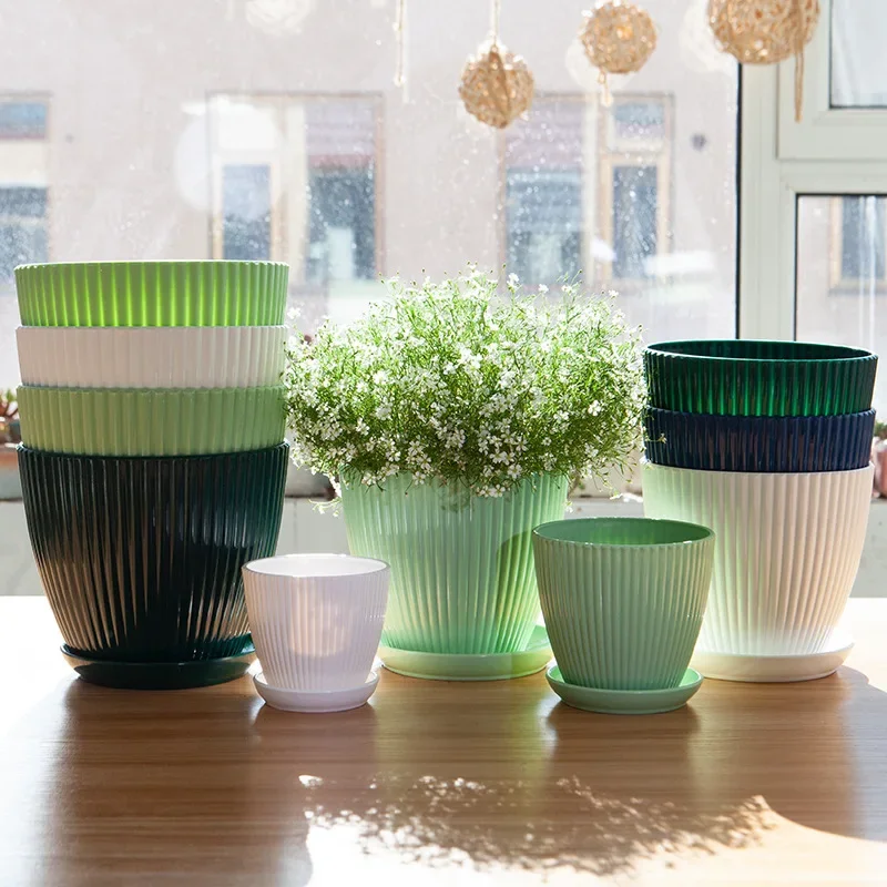

Flower Pot Round Planters Succulents Plant Pot with Tray Office Desktop Balcony Home Garden Decoration Outdoor Potted 5 Sizes