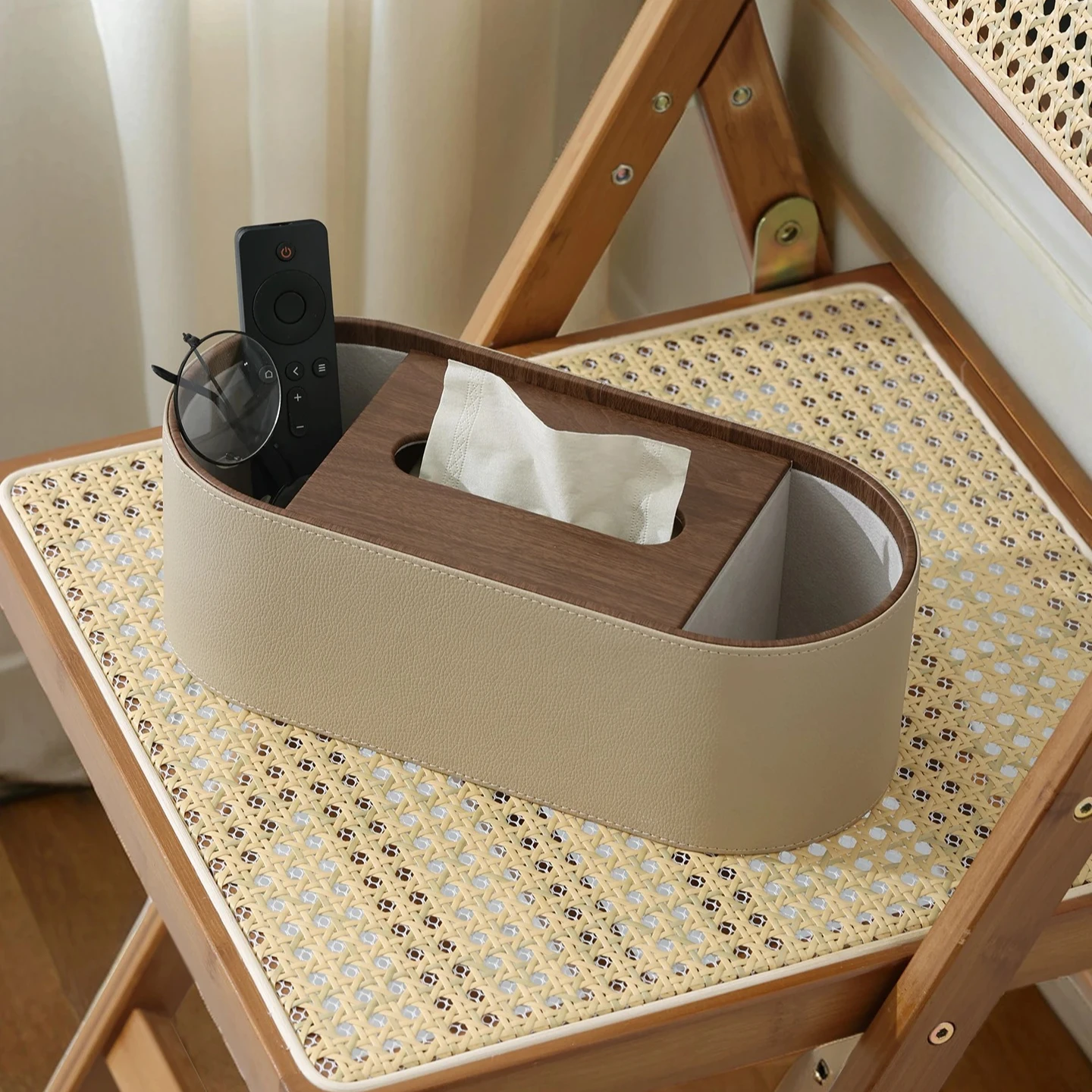 Luxury Walnut Grain Tissue Box | Leather Remote Control Holder & Storage Organizer | Elegant Living Room Decor with Drawer