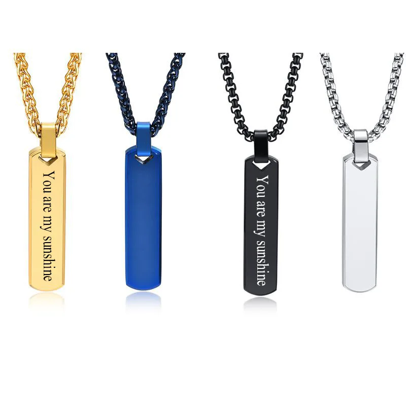 Men Personalized Engraved 3D Bar Necklace Custom Stainless Steel Rectangle Bar Box Chain Fashione Jewelry Gift  For Him Father