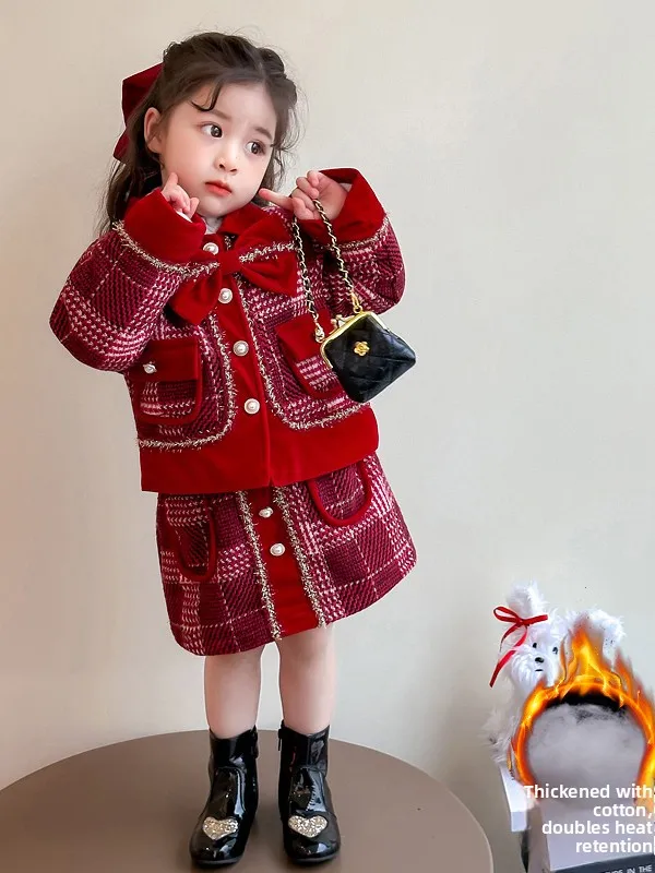 

Хлопковая зимняя одежда в клетку для девочек, Новый год 2025 года, модное детское пальто, юбка, комплект из двух предметов, теплая тонкая одежда с высокой талией и узлом