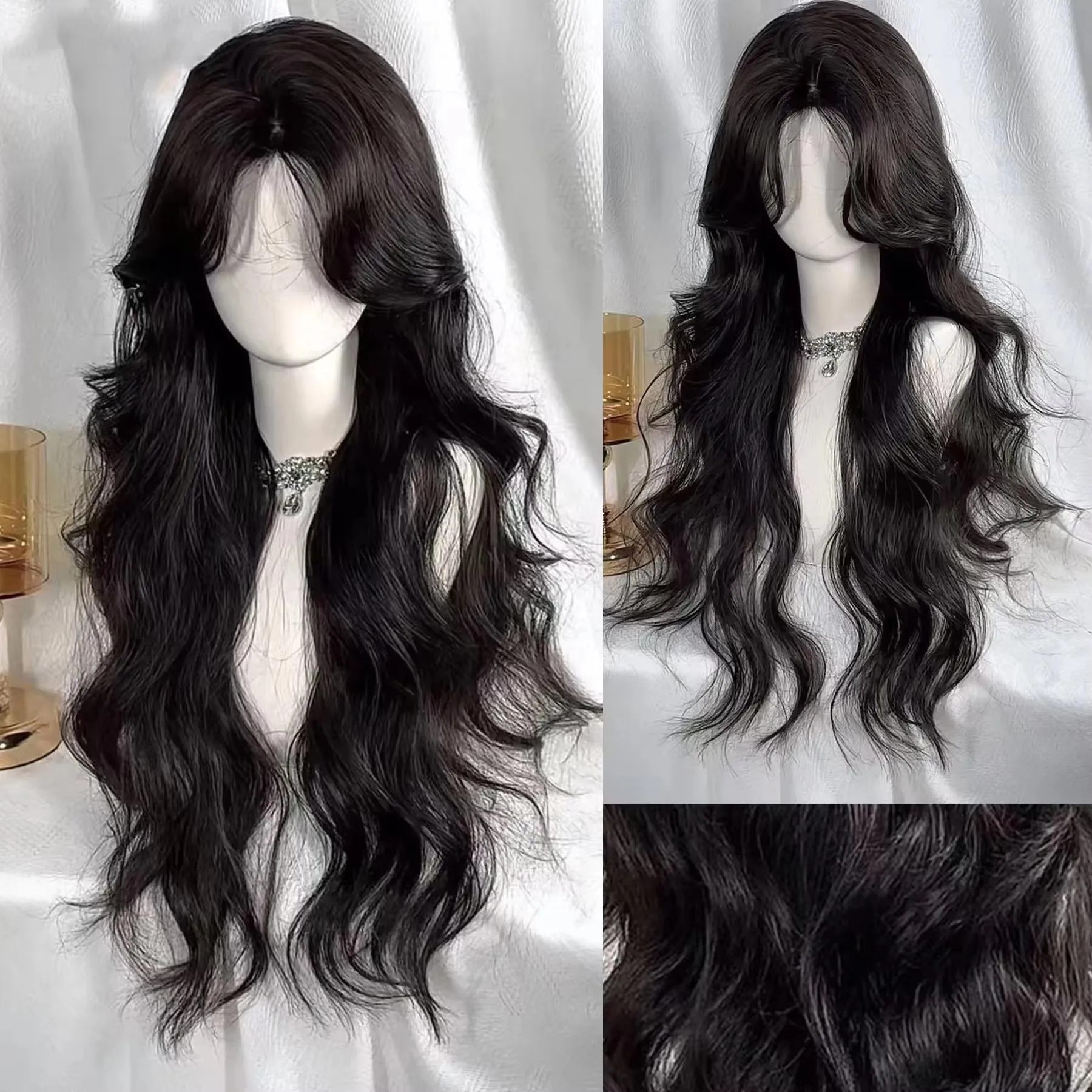 

JKL Lolita Черный парик для женщин Длинные волнистые волосы 75 см Вьющийся парик с челкой Косплей Повязка на голову Парики Синтетические парики для ежедневного использования