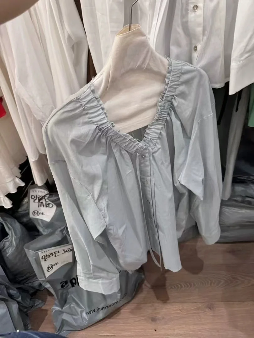 

Slimming V-Ne Belted irt Women's Single-Button Loose Cotton Casual Sle Faion Design Folded Detailing Top