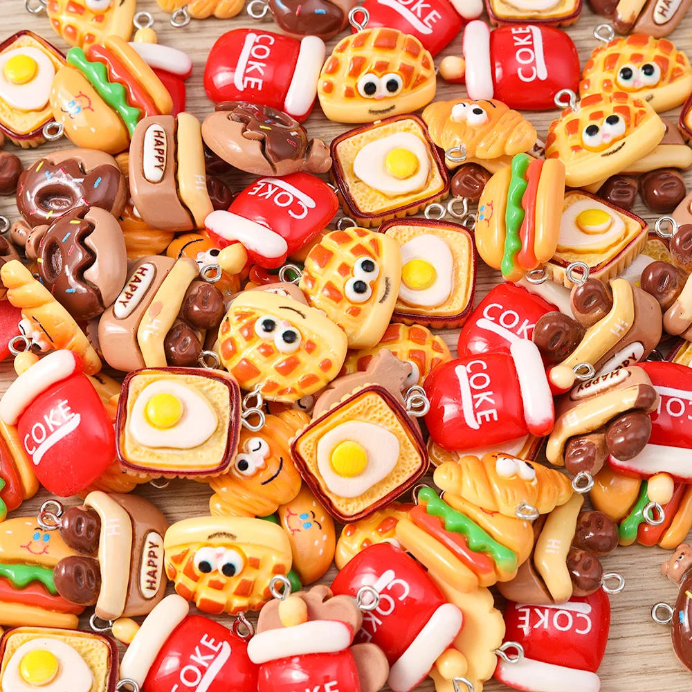 Tusember 10Pcs Cute Food Resin Croissant Cola Burger Bread Donuts Charms For Earrings Bracelet Pendant Necklace DIY Jewelry