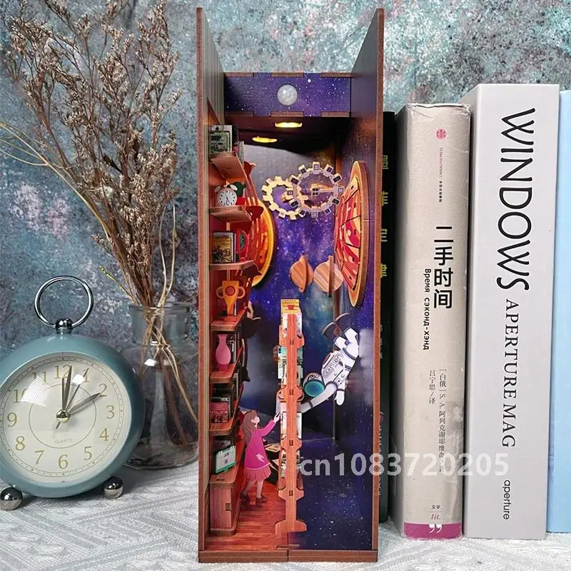 

DIY Book Nook Insert Shelf Kits Wooden Miniature Building Kit Interstellarr Bookend Assembled Bookshelf Home Decoration Gifts