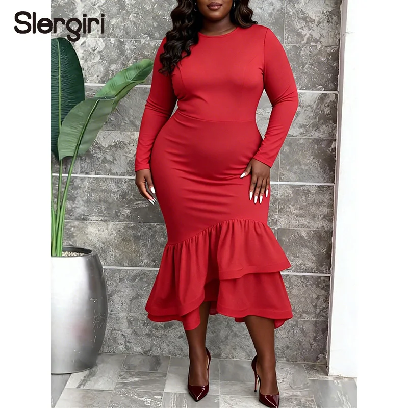 

Slergiri Plus Size Elegant Layered Mermaid Hem Bodycon Dress Women 2026 Spring New Solid Office Ladies Party Slim Long Dresses