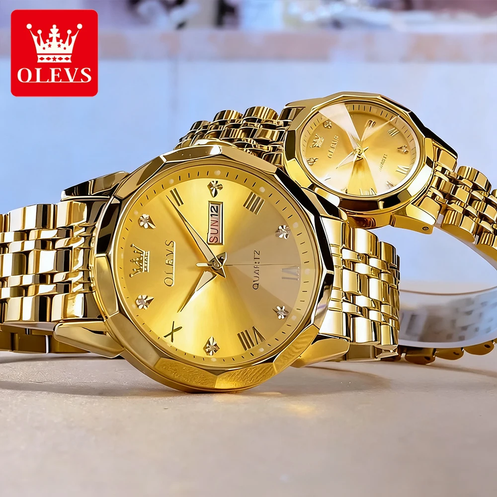 OLEVS ساعات الزوجين الذهبية الفاخرة الفولاذ المقاوم للصدأ الفولاذ المقاوم للصدأ الأصلي كوارتز ساعة اليد مقاوم للماء مضيئة تاريخ الأسبوع 9931cp #4