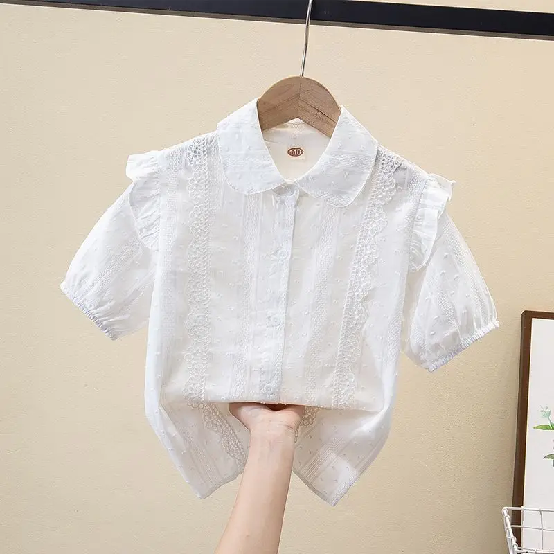 

Детская летняя рубашка для девочек 2026: модная повседневная блузка с коротким рукавом из чистого хлопка с воротником для малышек