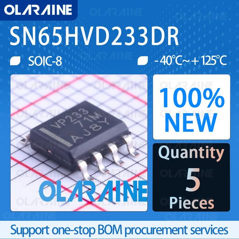 

5Pcs SN65HVD233DR SOIC-8 CAN interface integrated circuits 1 Mb/s 3.6 V 6 mA 16 kV IC chip circuit controller processor sensor