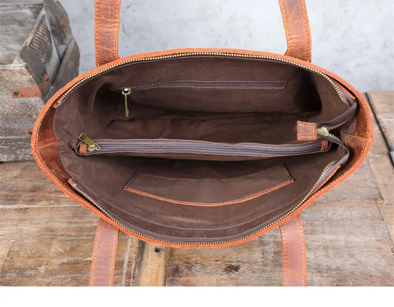 Bolso de mano unisex de cuero genuino natural de alta calidad, vintage, sencillo, informal, de piel de vaca de Caballo Loco, para ordenador portátil de gran capacidad