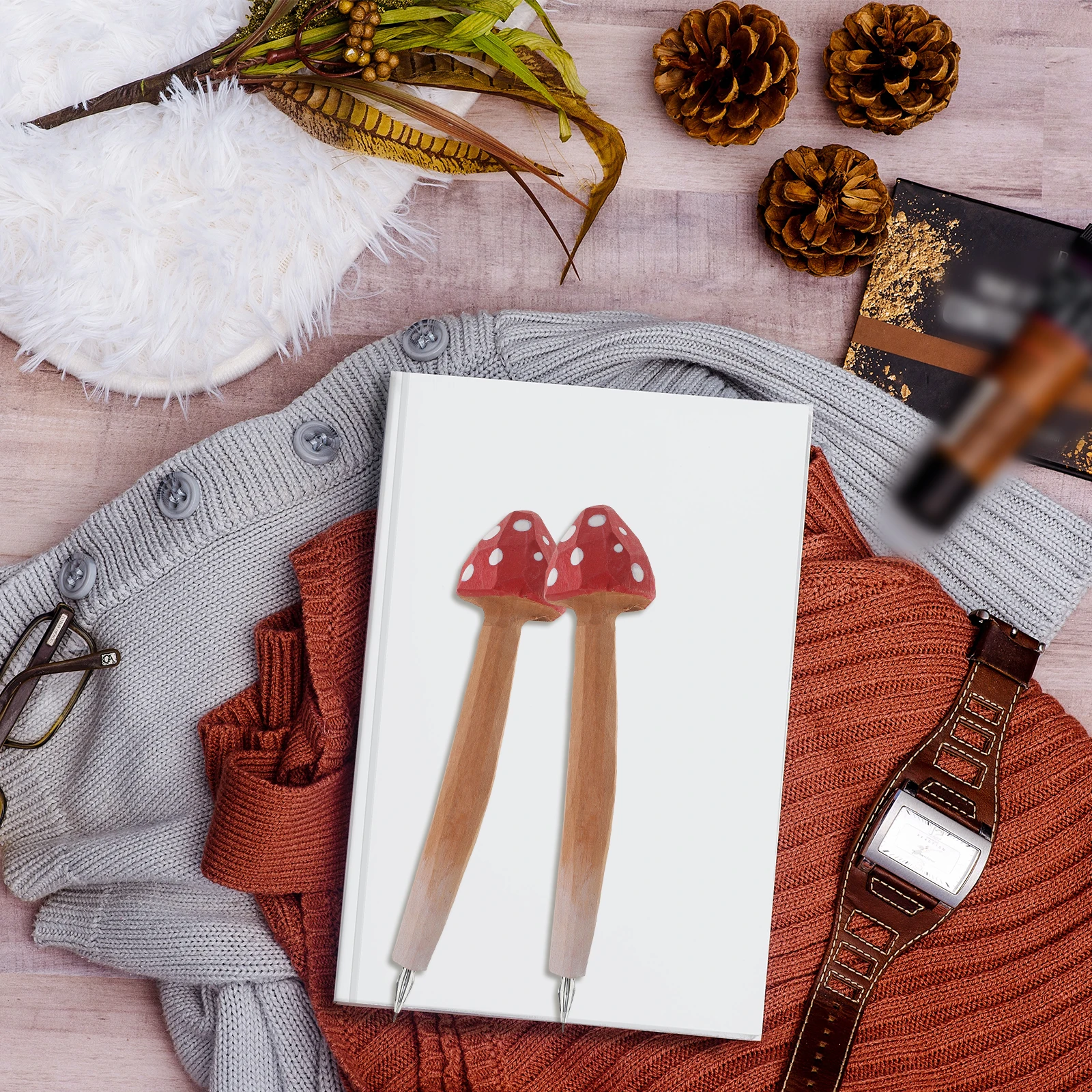 Bolígrafo con grabado de madera de seta roja, papelería bonita de 0 a 5mm, suministros escolares y de oficina para niños y estudiantes, regalos de escritura