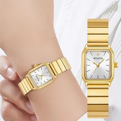 Reloj de cuarzo de negocios de lujo para mujer, esfera única cuadrada, reloj de pulsera de acero inoxidable para mujer, reloj de pulsera dorado