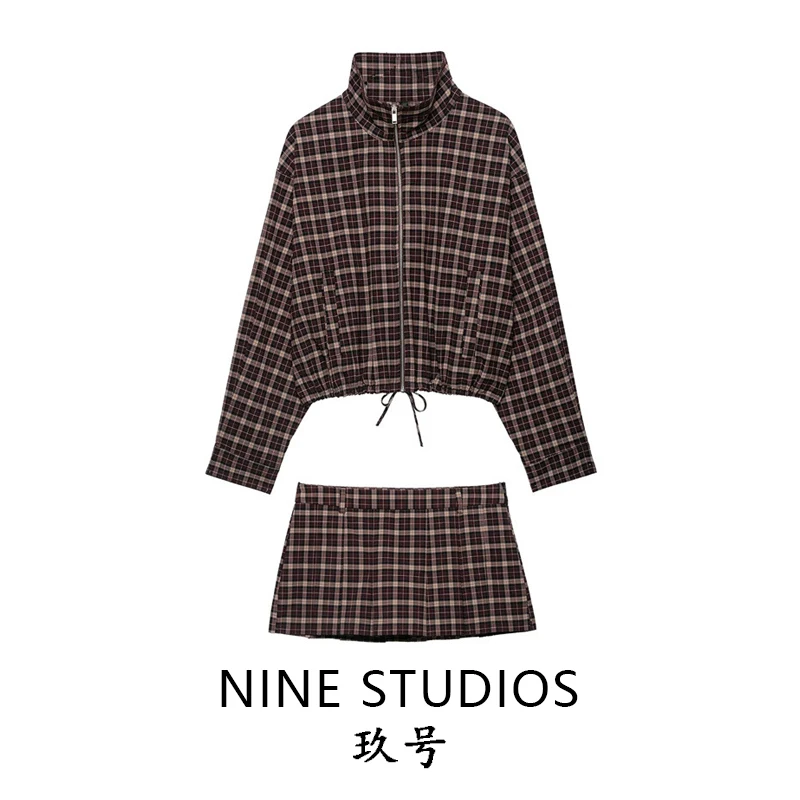 Women's Plaid Jacket Zipper Wide Pleat Skirt Pants Set Short Length Long Sleeve Fashionable Autumn Winter Spring Seasonal Outfit