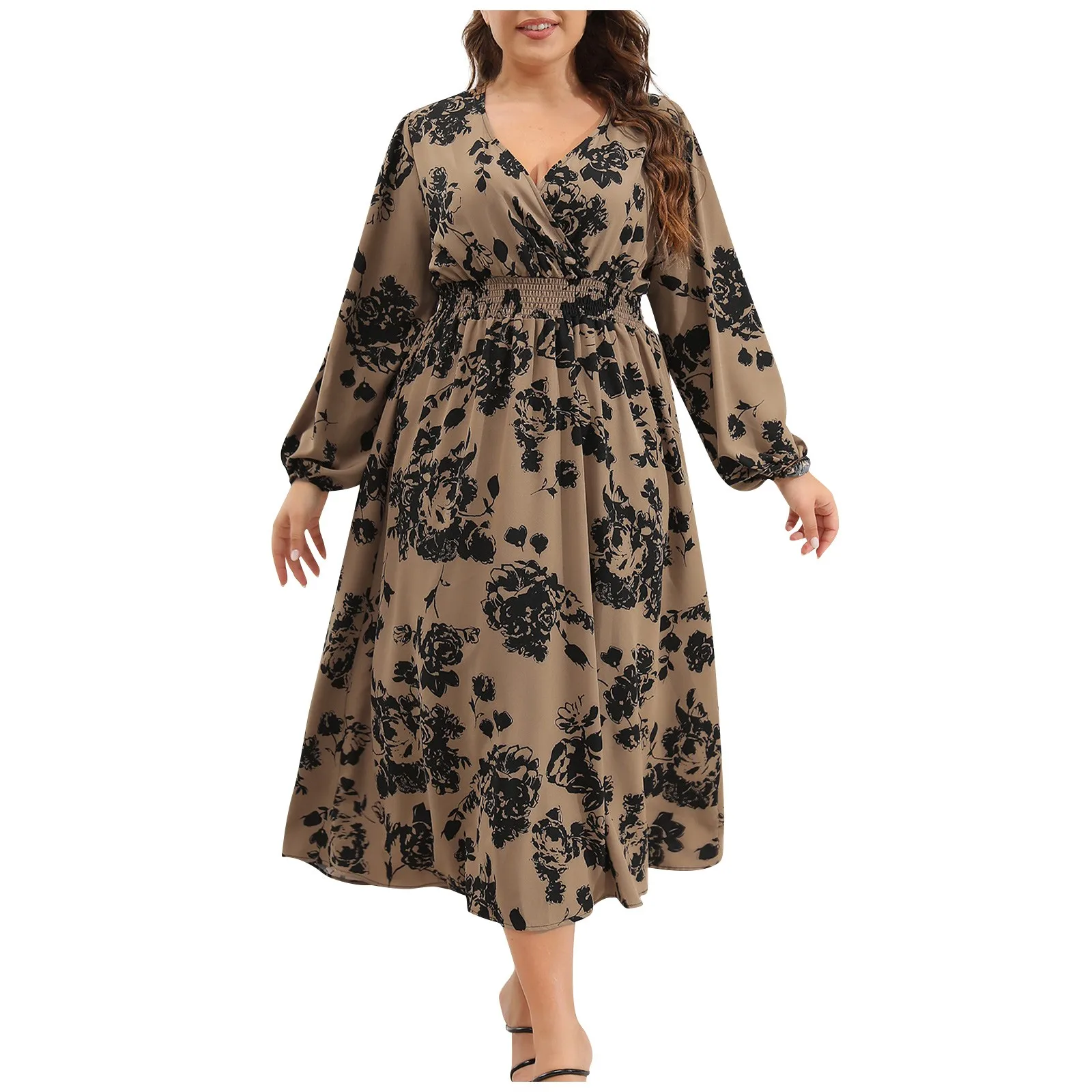 Plus Size Casual Dress Woman 2023 Autumn V dekolt krótki rękaw długa sukienka z kwiatowym wzorem czarna, zakrzywiona odzież damska