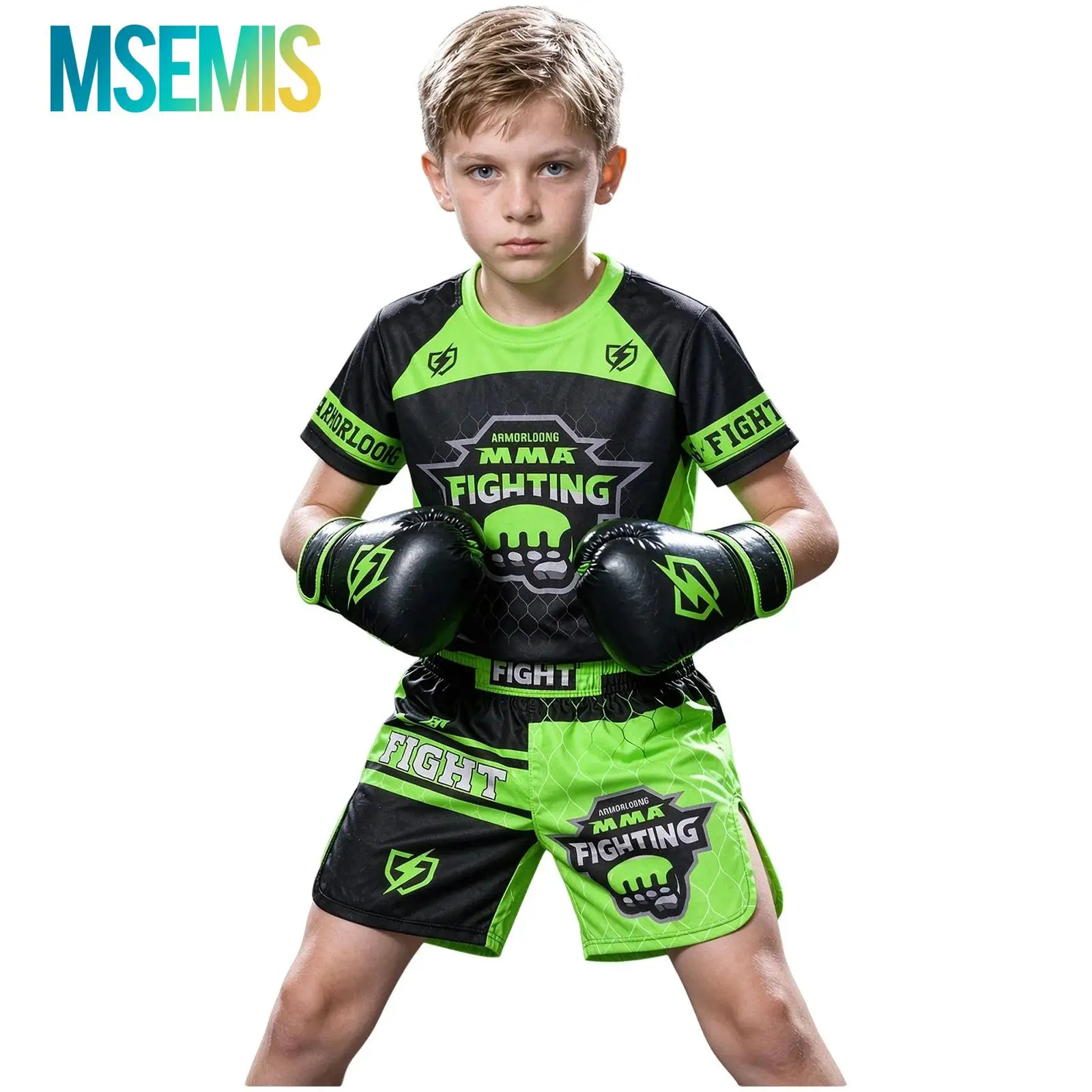 Youth MMA Training Set for Boys Girls Boxing Outfit Rash Guard Side Split Fight Shorts Kids Kick Boxing Muay Thai Sportswear